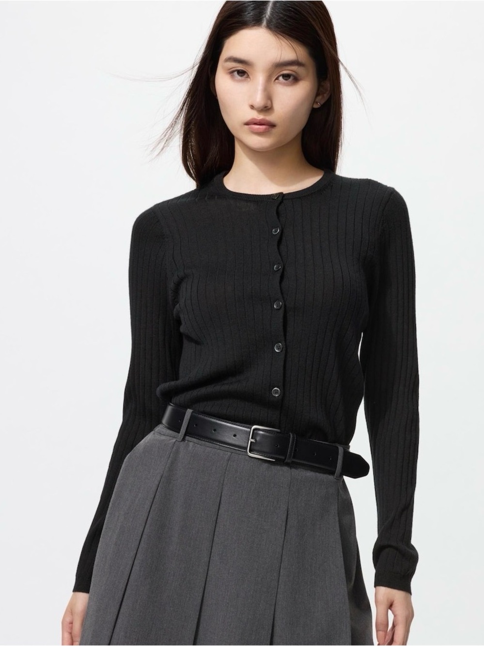 Uniqlo 100% Merino Lightweight Ribbed Cardigan, Black, Small